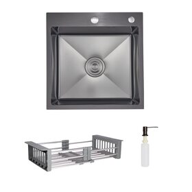 Комплект Lidz Handmade H5050HB Мийка для кухні інтегрована Decor Black PVD Honeycomb у комплекті з дозатором + Lidz K01G Корзина для кухонної мийки