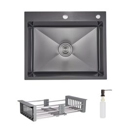 Комплект Lidz Handmade H6050HB Мийка для кухні інтегрована Decor Black PVD Honeycomb у комплекті з дозатором + Lidz K01G Корзина для кухонної мийки