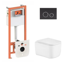 Готове рішення Qtap для ванної кімнати: підвісний унітаз Gemini Ultra Quiet 485×340×350 + комплект інсталяції Nest 4 в 1 (кругла клавіша Matt Black)
